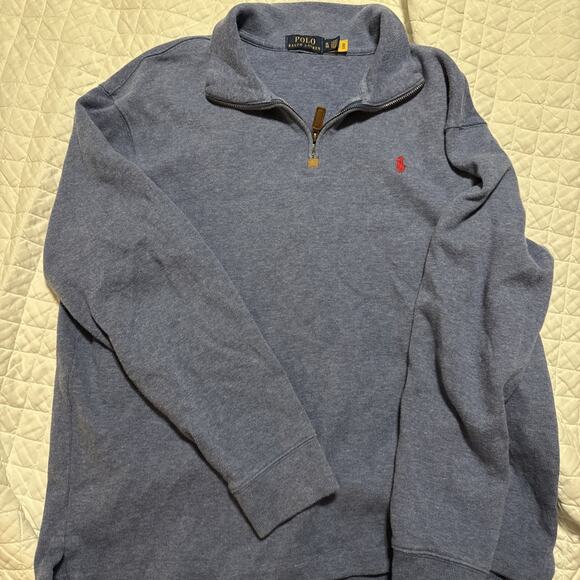 Polo Ralph Lauren Mens Sweater Quarter Zip Cotton Light Blue Collar Red Logo XL - Picture 1 of 7